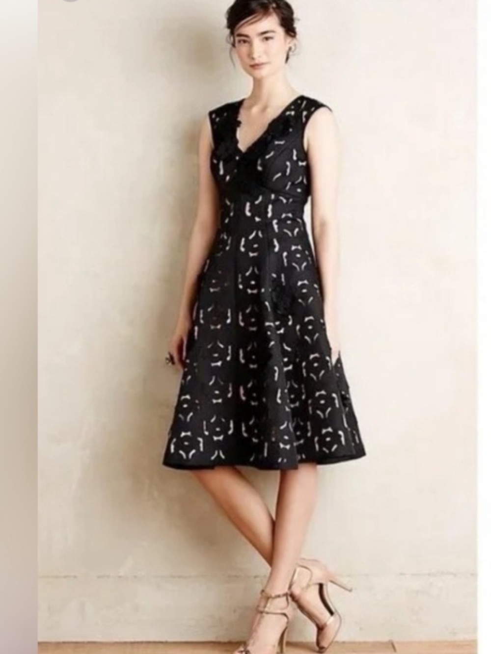 Moulinette Soeurs Black Midi Dress with White Abstract Accents